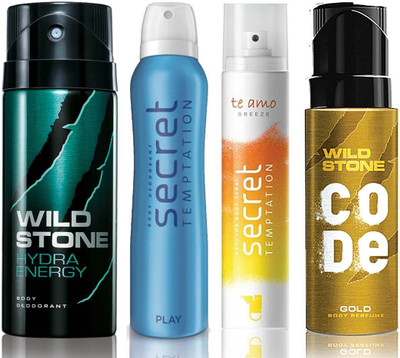

Wild Stone Hydra Energy Deodorant (150 ml), Code Gold Body Perfume(120 ml) and ST Play Deodorant (150 ml), Te Amo Breeze Body Perfume (120 ml), Pack of 4 Perfume Body Spray - For Men & Women(540 ml, Pack of 4)