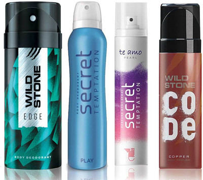 

Wild Stone Edge Deodorant (150 ml), Code Copper Perfume(120 ml) and ST Play Deodorant (150 ml), Te Amo Pearl Body Perfume (120 ml), Pack of 4 Perfume Body Spray - For Men & Women(540 ml, Pack of 4)