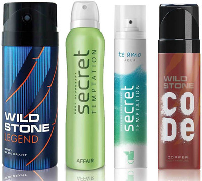 

Wild Stone Legend Deodorant (150 ml), Code Copper Perfume(120 ml) and ST Affair Deodorant (150 ml), Te Amo Aqua Body Perfume (120 ml), Pack of 4 Perfume Body Spray - For Men & Women(540 ml, Pack of 4)