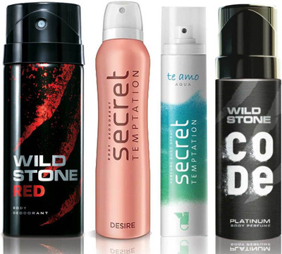 

Wild Stone Red Deodorant (150 ml), Code Platinum Body Perfume(120 ml) and ST Desire Deodorant (150 ml), Te Amo Aqua Body Perfume (120 ml), Pack of 4 Perfume Body Spray - For Men & Women(540 ml, Pack of 4)