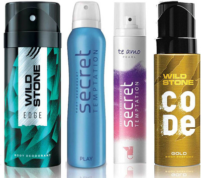 

Wild Stone Edge Deodorant (150 ml), Code Gold Body Perfume(120 ml) and ST Play Deodorant (150 ml), Te Amo Pearl Body Perfume (120 ml), Pack of 4 Perfume Body Spray - For Men & Women(540 ml, Pack of 4)