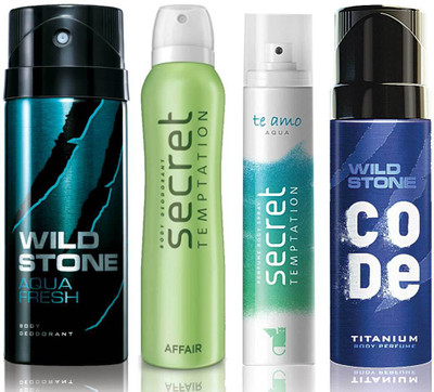 

Wild Stone Aqua Fresh Deodorant (150 ml), Code Titanium Body Perfume(120 ml) and ST Affair Deodorant (150 ml), Te Amo Aqua Body Perfume (120 ml), Pack of 4 Perfume Body Spray - For Men & Women(540 ml, Pack of 4)