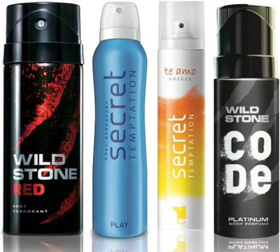 

Wild Stone Red Deodorant (150 ml), Code Platinum Body Perfume(120 ml) and ST Play Deodorant (150 ml), Te Amo Breeze Body Perfume (120 ml), Pack of 4 Perfume Body Spray - For Men & Women(540 ml, Pack of 4)