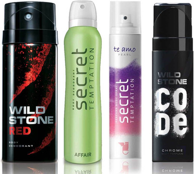 

Wild Stone Red Deodorant (150 ml), Code Chrome Body Perfume(120 ml) and ST Affair Deodorant (150 ml), Te Amo Pearl Body Perfume (120 ml), Pack of 4 Perfume Body Spray - For Men & Women(540 ml, Pack of 4)