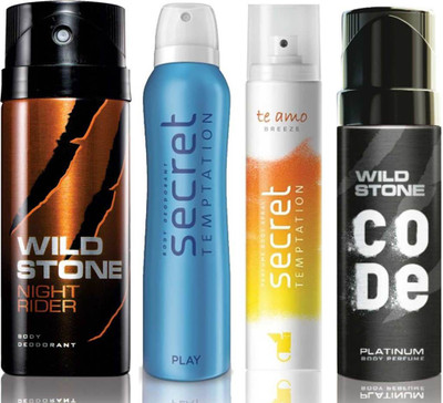 

Wild Stone Night Rider Deodorant (150 ml), Code Platinum Body Perfume(120 ml) and ST Play Deodorant (150 ml), Te Amo Breeze Body Perfume (120 ml), Pack of 4 Perfume Body Spray - For Men & Women(540 ml, Pack of 4)