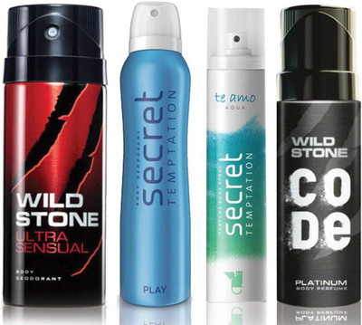 

Wild Stone Ultra Sensual Deodorant (150 ml), Code Platinum Body Perfume(120 ml) and ST Play Deodorant (150 ml), Te Amo Aqua Body Perfume (120 ml), Pack of 4 Perfume Body Spray - For Men & Women(540 ml, Pack of 4)