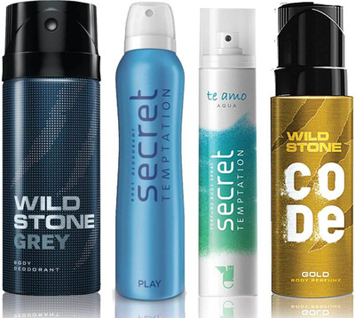 

Wild Stone Grey Deodorant (150 ml), Code Gold Body Perfume(120 ml) and ST Play Deodorant (150 ml), Te Amo Aqua Body Perfume (120 ml), Pack of 4 Perfume Body Spray - For Men & Women(540 ml, Pack of 4)