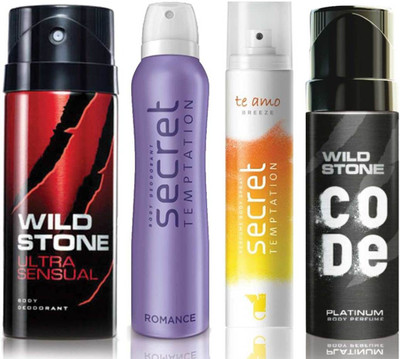 

Wild Stone Ultra Sensual Deodorant (150 ml), Code Platinum Body Perfume(120 ml) and ST Romance Deodorant (150 ml), Te Amo Breeze Body Perfume (120 ml), Pack of 4 Perfume Body Spray - For Men & Women(540 ml, Pack of 4)
