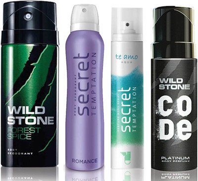 

Wild Stone Forest Spice Deodorant (150 ml), Code Platinum Body Perfume(120 ml) and ST Romance Deodorant (150 ml), Te Amo Aqua Body Perfume (120 ml), Pack of 4 Perfume Body Spray - For Men & Women(540 ml, Pack of 4)