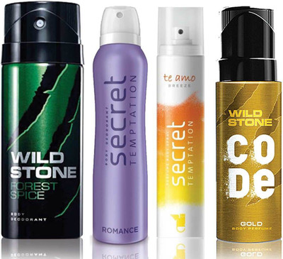 

Wild Stone Forest Spice Deodorant (150 ml), Code Gold Body Perfume(120 ml) and ST Romance Deodorant (150 ml), Te Amo Breeze Body Perfume (120 ml), Pack of 4 Perfume Body Spray - For Men & Women(540 ml, Pack of 4)