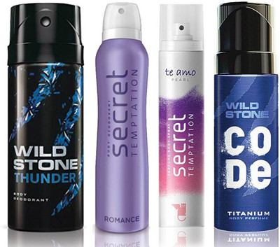 

Wild Stone Thunder Deodorant (150 ml), Code Titanium Body Perfume(120 ml) and ST Romance Deodorant (150 ml), Te Amo Pearl Body Perfume (120 ml), Pack of 4 Perfume Body Spray - For Men & Women(540 ml, Pack of 4)