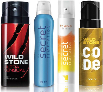 

Wild Stone Ultra Sensual Deodorant (150 ml), Code Gold Body Perfume(120 ml) and ST Play Deodorant (150 ml), Te Amo Breeze Body Perfume (120 ml), Pack of 4 Perfume Body Spray - For Men & Women(540 ml, Pack of 4)