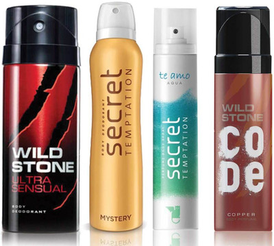 

Wild Stone Ultra Sensual Deodorant (150 ml), Code Copper Perfume(120 ml) and ST Mystery Deodorant (150 ml), Te Amo Aqua Body Perfume (120 ml), Pack of 4 Perfume Body Spray - For Men & Women(540 ml, Pack of 4)