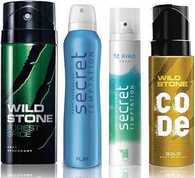 

Wild Stone Forest Spice Deodorant (150 ml), Code Gold Body Perfume(120 ml) and ST Play Deodorant (150 ml), Te Amo Aqua Body Perfume (120 ml), Pack of 4 Perfume Body Spray - For Men & Women(540 ml, Pack of 4)