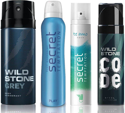 

Wild Stone Grey Deodorant (150 ml), Code Steel Body Perfume(120 ml) and ST Play Deodorant (150 ml), Te Amo Aqua Body Perfume (120 ml), Pack of 4 Perfume Body Spray - For Men & Women(540 ml, Pack of 4)