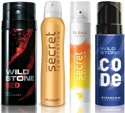 

Wild Stone Red Deodorant (150 ml), Code Titanium Body Perfume(120 ml) and ST Mystery Deodorant (150 ml), Te Amo Breeze Body Perfume (120 ml), Pack of 4 Perfume Body Spray - For Men & Women(540 ml, Pack of 4)