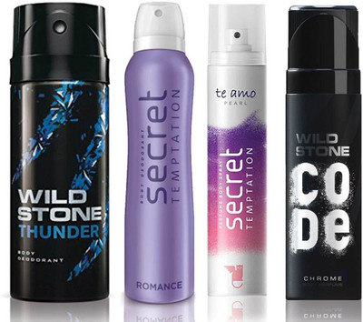 

Wild Stone Thunder Deodorant (150 ml), Code Chrome Body Perfume(120 ml) and ST Romance Deodorant (150 ml), Te Amo Pearl Body Perfume (120 ml), Pack of 4 Perfume Body Spray - For Men & Women(540 ml, Pack of 4)