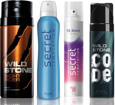 

Wild Stone Night Rider Deodorant (150 ml), Code Steel Body Perfume(120 ml) and ST Play Deodorant (150 ml), Te Amo Pearl Body Perfume (120 ml), Pack of 4 Perfume Body Spray - For Men & Women(540 ml, Pack of 4)