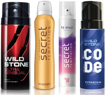 

Wild Stone Ultra Sensual Deodorant (150 ml), Code Titanium Body Perfume(120 ml) and ST Mystery Deodorant (150 ml), Te Amo Pearl Body Perfume (120 ml), Pack of 4 Perfume Body Spray - For Men & Women(540 ml, Pack of 4)