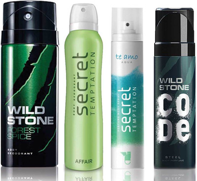 

Wild Stone Forest Spice Deodorant (150 ml), Code Steel Body Perfume(120 ml) and ST Affair Deodorant (150 ml), Te Amo Aqua Body Perfume (120 ml), Pack of 4 Perfume Body Spray - For Men & Women(540 ml, Pack of 4)