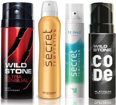 

Wild Stone Ultra Sensual Deodorant (150 ml), Code Platinum Body Perfume(120 ml) and ST Mystery Deodorant (150 ml), Te Amo Aqua Body Perfume (120 ml), Pack of 4 Perfume Body Spray - For Men & Women(540 ml, Pack of 4)