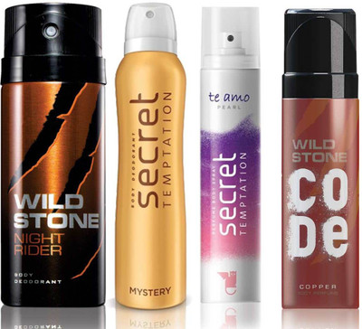 

Wild Stone Night Rider Deodorant (150 ml), Code Copper Perfume(120 ml) and ST Mystery Deodorant (150 ml), Te Amo Pearl Body Perfume (120 ml), Pack of 4 Perfume Body Spray - For Men & Women(540 ml, Pack of 4)