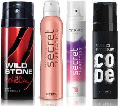 

Wild Stone Ultra Sensual Deodorant (150 ml), Code Chrome Body Perfume(120 ml) and ST Desire Deodorant (150 ml), Te Amo Pearl Body Perfume (120 ml), Pack of 4 Perfume Body Spray - For Men & Women(540 ml, Pack of 4)