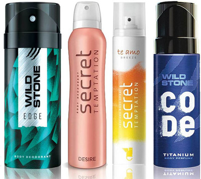 

Wild Stone Edge Deodorant (150 ml), Code Titanium Body Perfume(120 ml) and ST Desire Deodorant (150 ml), Te Amo Breeze Body Perfume (120 ml), Pack of 4 Perfume Body Spray - For Men & Women(540 ml, Pack of 4)