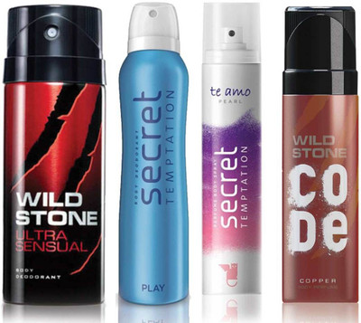 

Wild Stone Ultra Sensual Deodorant (150 ml), Code Copper Perfume(120 ml) and ST Play Deodorant (150 ml), Te Amo Pearl Body Perfume (120 ml), Pack of 4 Perfume Body Spray - For Men & Women(540 ml, Pack of 4)