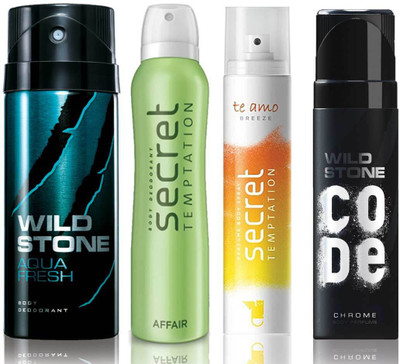 

Wild Stone Aqua Fresh Deodorant (150 ml), Code Chrome Body Perfume(120 ml) and ST Affair Deodorant (150 ml), Te Amo Breeze Body Perfume (120 ml), Pack of 4 Perfume Body Spray - For Men & Women(540 ml, Pack of 4)