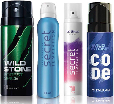

Wild Stone Forest Spice Deodorant (150 ml), Code Titanium Body Perfume(120 ml) and ST Play Deodorant (150 ml), Te Amo Pearl Body Perfume (120 ml), Pack of 4 Perfume Body Spray - For Men & Women(540 ml, Pack of 4)
