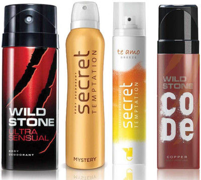 

Wild Stone Ultra Sensual Deodorant (150 ml), Code Copper Perfume(120 ml) and ST Mystery Deodorant (150 ml), Te Amo Breeze Body Perfume (120 ml), Pack of 4 Perfume Body Spray - For Men & Women(540 ml, Pack of 4)