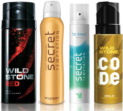 

Wild Stone Red Deodorant (150 ml), Code Gold Body Perfume(120 ml) and ST Mystery Deodorant (150 ml), Te Amo Aqua Body Perfume (120 ml), Pack of 4 Perfume Body Spray - For Men & Women(540 ml, Pack of 4)