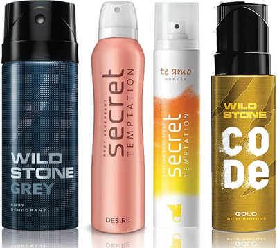 

Wild Stone Grey Deodorant (150 ml), Code Gold Body Perfume(120 ml) and ST Desire Deodorant (150 ml), Te Amo Breeze Body Perfume (120 ml), Pack of 4 Perfume Body Spray - For Men & Women(540 ml, Pack of 4)