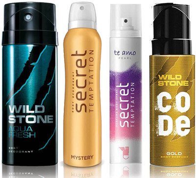 

Wild Stone Aqua Fresh Deodorant (150 ml), Code Gold Body Perfume(120 ml) and ST Mystery Deodorant (150 ml), Te Amo Pearl Body Perfume (120 ml), Pack of 4 Perfume Body Spray - For Men & Women(540 ml, Pack of 4)