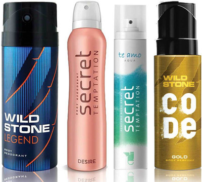 

Wild Stone Legend Deodorant (150 ml), Code Gold Body Perfume(120 ml) and ST Desire Deodorant (150 ml), Te Amo Aqua Body Perfume (120 ml), Pack of 4 Perfume Body Spray - For Men & Women(540 ml, Pack of 4)