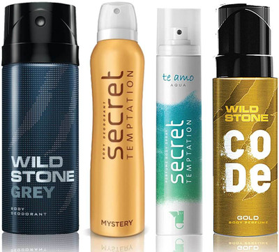

Wild Stone Grey Deodorant (150 ml), Code Gold Body Perfume(120 ml) and ST Mystery Deodorant (150 ml), Te Amo Aqua Body Perfume (120 ml), Pack of 4 Perfume Body Spray - For Men & Women(540 ml, Pack of 4)