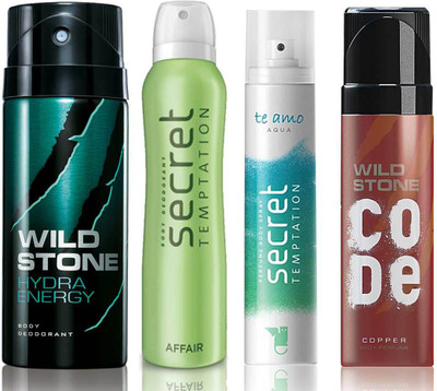 

Wild Stone Hydra Energy Deodorant (150 ml), Code Copper Perfume(120 ml) and ST Affair Deodorant (150 ml), Te Amo Aqua Body Perfume (120 ml), Pack of 4 Perfume Body Spray - For Men & Women(540 ml, Pack of 4)