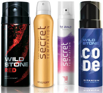 

Wild Stone Red Deodorant (150 ml), Code Titanium Body Perfume(120 ml) and ST Mystery Deodorant (150 ml), Te Amo Pearl Body Perfume (120 ml), Pack of 4 Perfume Body Spray - For Men & Women(540 ml, Pack of 4)