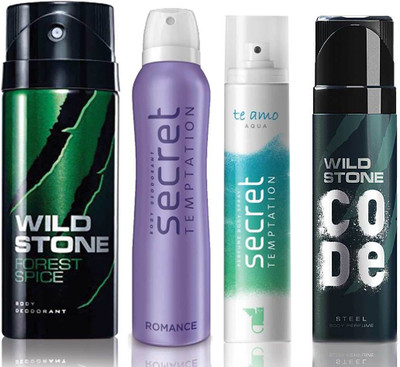 

Wild Stone Forest Spice Deodorant (150 ml), Code Steel Body Perfume(120 ml) and ST Romance Deodorant (150 ml), Te Amo Aqua Body Perfume (120 ml), Pack of 4 Perfume Body Spray - For Men & Women(540 ml, Pack of 4)