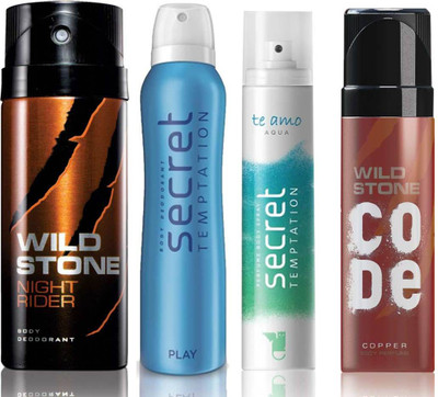 

Wild Stone Night Rider Deodorant (150 ml), Code Copper Perfume(120 ml) and ST Play Deodorant (150 ml), Te Amo Aqua Body Perfume (120 ml), Pack of 4 Perfume Body Spray - For Men & Women(540 ml, Pack of 4)