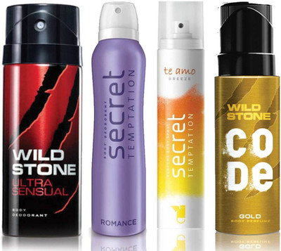 

Wild Stone Ultra Sensual Deodorant (150 ml), Code Gold Body Perfume(120 ml) and ST Romance Deodorant (150 ml), Te Amo Breeze Body Perfume (120 ml), Pack of 4 Perfume Body Spray - For Men & Women(540 ml, Pack of 4)