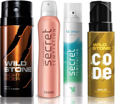 

Wild Stone Night Rider Deodorant (150 ml), Code Gold Body Perfume(120 ml) and ST Desire Deodorant (150 ml), Te Amo Aqua Body Perfume (120 ml), Pack of 4 Perfume Body Spray - For Men & Women(540 ml, Pack of 4)