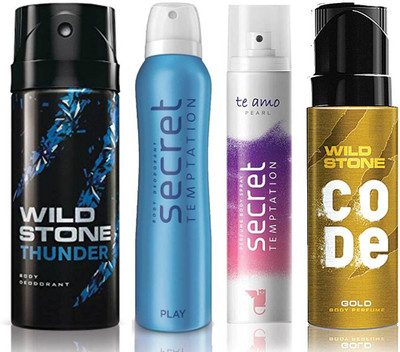 

Wild Stone Thunder Deodorant (150 ml), Code Gold Body Perfume(120 ml) and ST Play Deodorant (150 ml), Te Amo Pearl Body Perfume (120 ml), Pack of 4 Perfume Body Spray - For Men & Women(540 ml, Pack of 4)