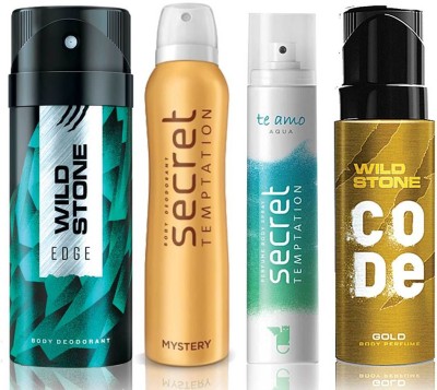 

Wild Stone Edge Deodorant (150 ml), Code Gold Body Perfume(120 ml) and ST Mystery Deodorant (150 ml), Te Amo Aqua Body Perfume (120 ml), Pack of 4 Perfume Body Spray - For Men & Women(540 ml, Pack of 4)