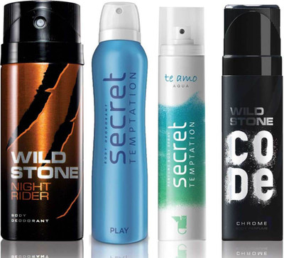 

Wild Stone Night Rider Deodorant (150 ml), Code Chrome Body Perfume(120 ml) and ST Play Deodorant (150 ml), Te Amo Aqua Body Perfume (120 ml), Pack of 4 Perfume Body Spray - For Men & Women(540 ml, Pack of 4)