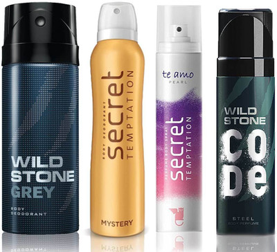 

Wild Stone Grey Deodorant (150 ml), Code Steel Body Perfume(120 ml) and ST Mystery Deodorant (150 ml), Te Amo Pearl Body Perfume (120 ml), Pack of 4 Perfume Body Spray - For Men & Women(540 ml, Pack of 4)