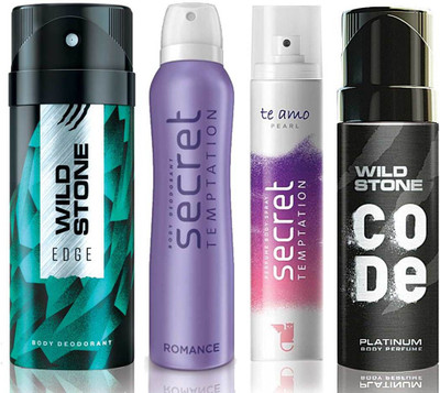

Wild Stone Edge Deodorant (150 ml), Code Platinum Body Perfume(120 ml) and ST Romance Deodorant (150 ml), Te Amo Pearl Body Perfume (120 ml), Pack of 4 Perfume Body Spray - For Men & Women(540 ml, Pack of 4)