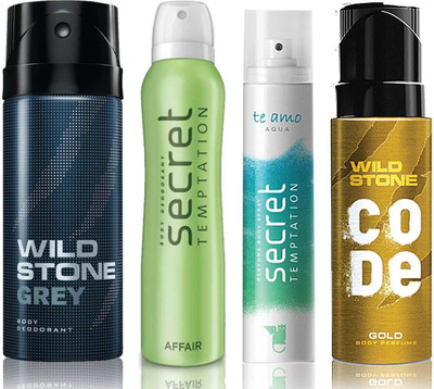 

Wild Stone Grey Deodorant (150 ml), Code Gold Body Perfume(120 ml) and ST Affair Deodorant (150 ml), Te Amo Aqua Body Perfume (120 ml), Pack of 4 Perfume Body Spray - For Men & Women(540 ml, Pack of 4)