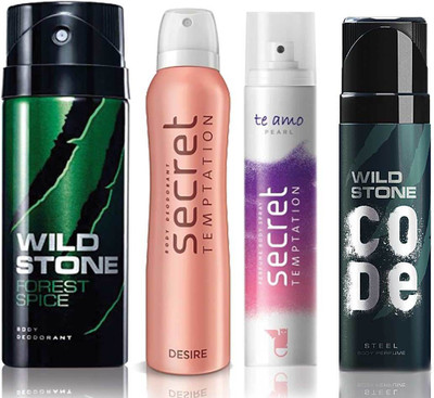 

Wild Stone Forest Spice Deodorant (150 ml), Code Steel Body Perfume(120 ml) and ST Desire Deodorant (150 ml), Te Amo Pearl Body Perfume (120 ml), Pack of 4 Perfume Body Spray - For Men & Women(540 ml, Pack of 4)